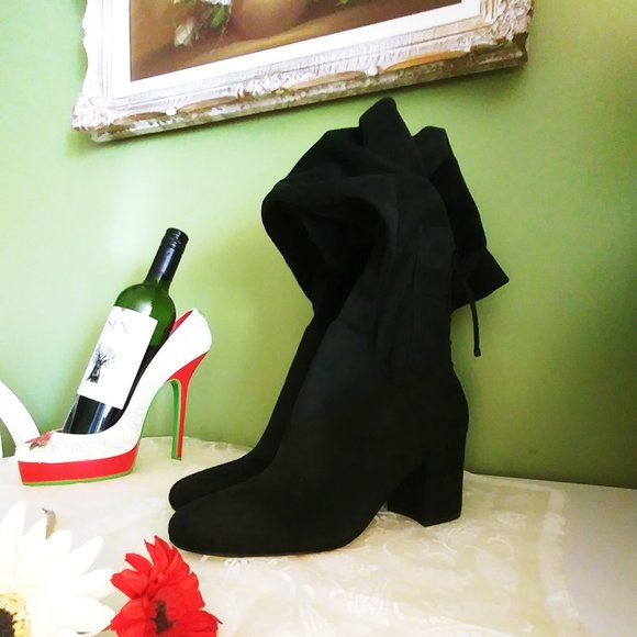 Sz 9 Black Over the Knee Boot Chunky Heeled Boot - Picture 1 of 8